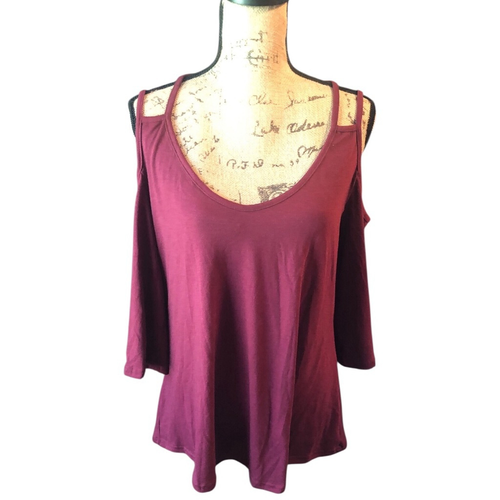 FISoul 3/4 Sleeves Cold Shoulder Top Size XL Burgundy